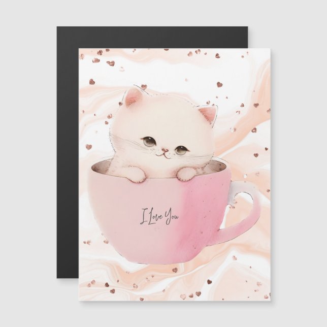 Cute White Rosa Cat i Tea Kopp (Fram/baksida)