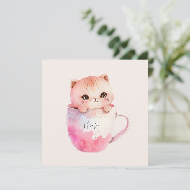 Cute White-Rosa Cat i Tea Kopp (2) (Stående Fram)