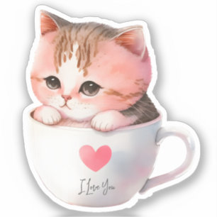 Cute White-Rosa Cat i Tea Kopp (2) Klistermärken