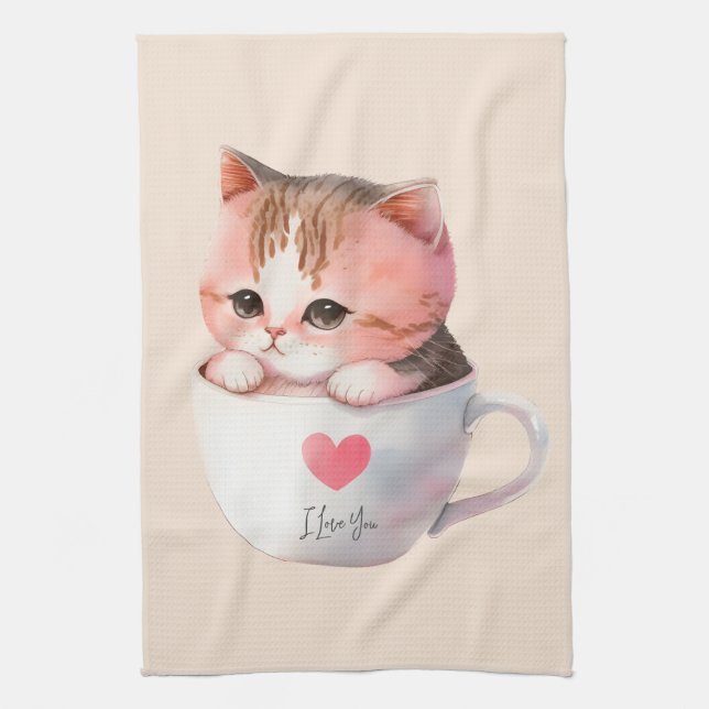Cute White-Rosa Cat i Tea Kopp (2) Kökshandduk (Vertikal)