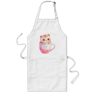 Cute White-Rosa Cat i Tea Kopp (2) Långt Förkläde