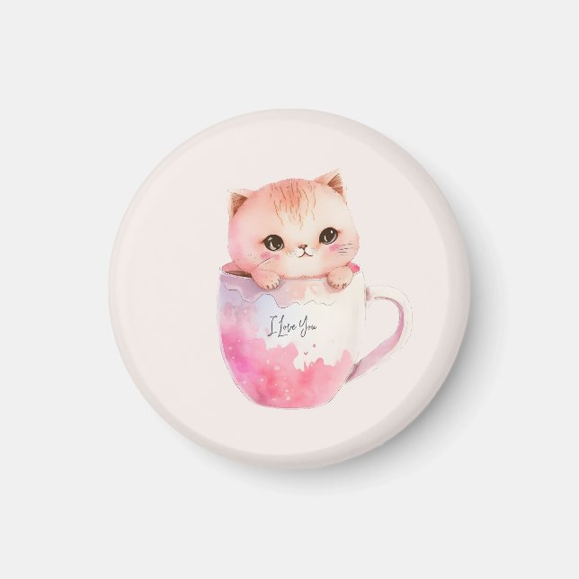 Cute White-Rosa Cat i Tea Kopp (2) Magnet (Framsidan)