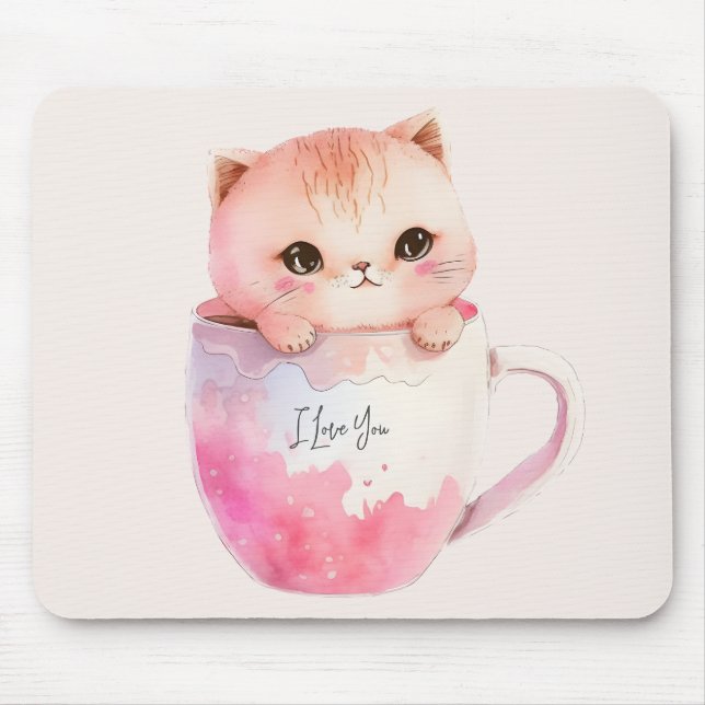 Cute White-Rosa Cat i Tea Kopp (2) Musmatta (Framsidan)
