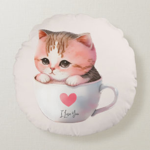 Cute White-Rosa Cat i Tea Kopp (2) Rund Kudde