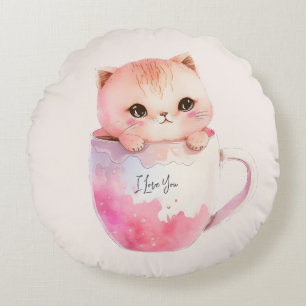 Cute White-Rosa Cat i Tea Kopp (2) Rund Kudde