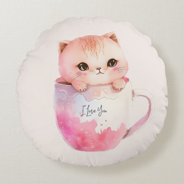 Cute White-Rosa Cat i Tea Kopp (2) Rund Kudde (Framsidan)