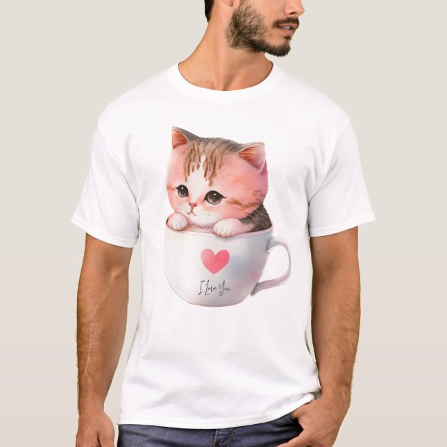 Cute White-Rosa Cat i Tea Kopp (2) T Shirt (Framsida)