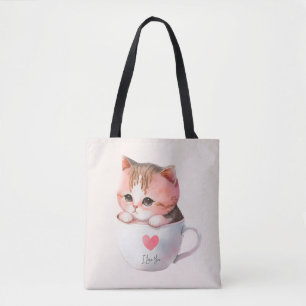 Cute White-Rosa Cat i Tea Kopp (2) Tygkasse