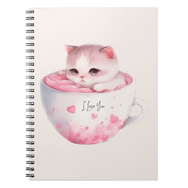 Cute White-Rosa Cat i Tea Kopp (3) Anteckningsbok (Framsidan)