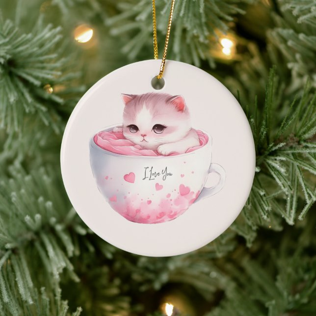 Cute White-Rosa Cat i Tea Kopp (3) Julgransprydnad Keramik (Träd)