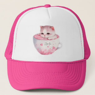 Cute White-Rosa Cat i Tea Kopp (3) Keps