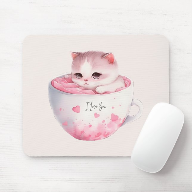 Cute White-Rosa Cat i Tea Kopp (3) Musmatta (Med mus)