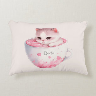 Cute White-Rosa Cat i Tea Kopp (3) Prydnadskudde
