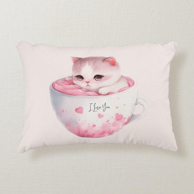 Cute White-Rosa Cat i Tea Kopp (3) Prydnadskudde (Framsidan)