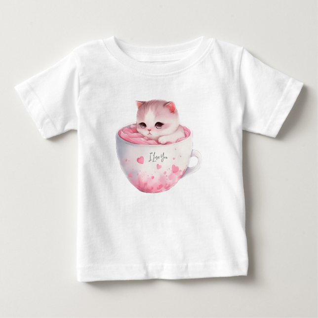 Cute White-Rosa Cat i Tea Kopp (3) T Shirt (Framsida)