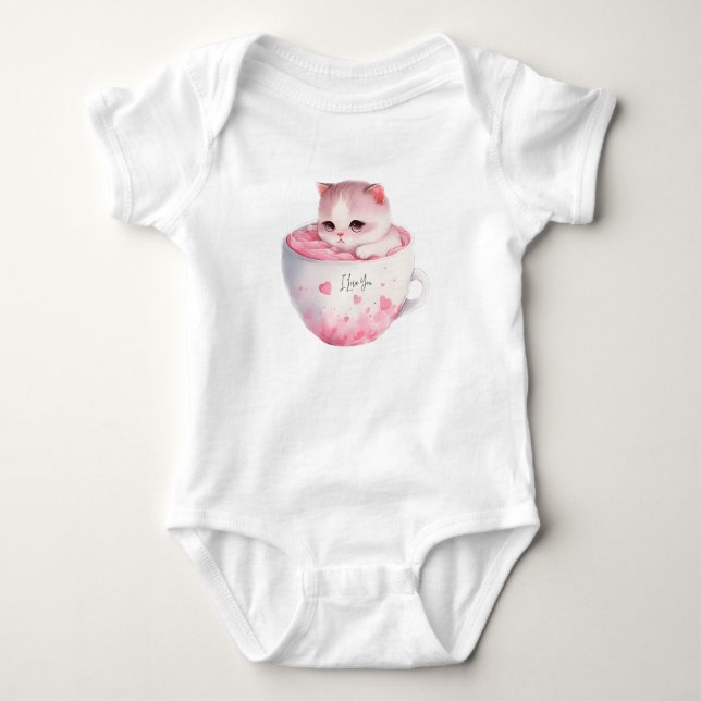 Cute White-Rosa Cat i Tea Kopp (3) T Shirt (Framsida)