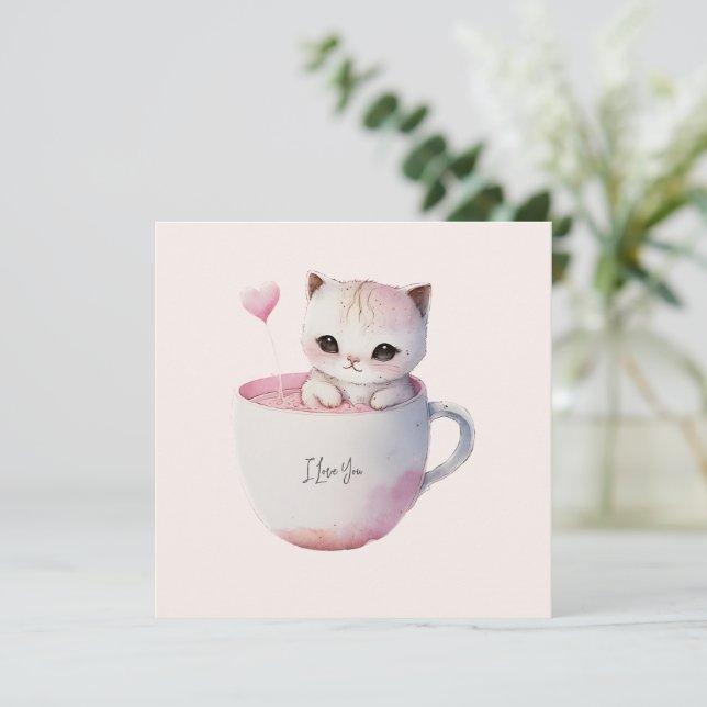 Cute White-Rosa Cat i Tea Kopp (4) (Stående Fram)
