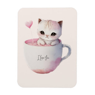 Cute White-Rosa Cat i Tea Kopp (4) Magnet