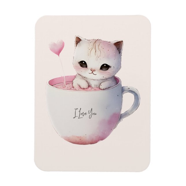 Cute White-Rosa Cat i Tea Kopp (4) Magnet (Vertikal)