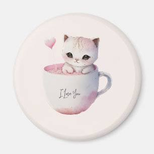 Cute White-Rosa Cat i Tea Kopp (4) Magnet