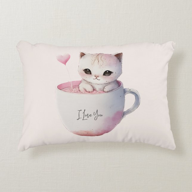 Cute White-Rosa Cat i Tea Kopp (4) Prydnadskudde (Framsidan)