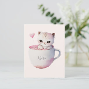 Cute White-Rosa Cat i Tea Kopp (4) Vykort