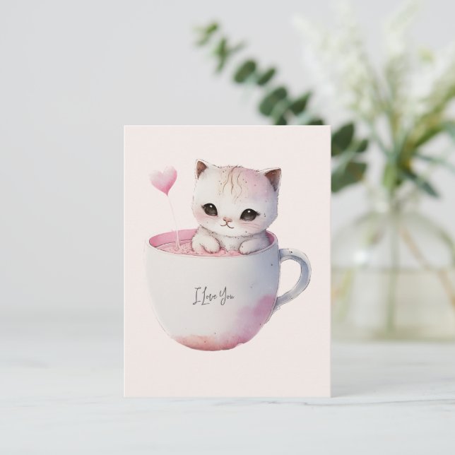 Cute White-Rosa Cat i Tea Kopp (4) Vykort (Stående Fram)