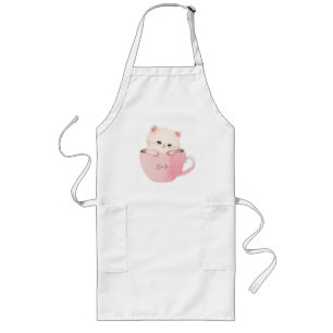 Cute White Rosa Cat i Tea Kopp Långt Förkläde