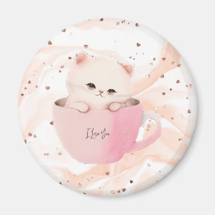 Cute White Rosa Cat i Tea Kopp Magnet