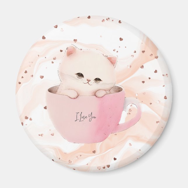 Cute White Rosa Cat i Tea Kopp Magnet (Framsidan)