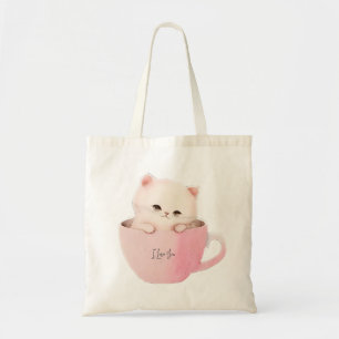 Cute White Rosa Cat i Tea Kopp Tygkasse
