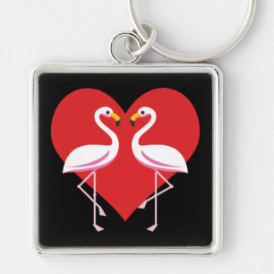 Cute White Rosa Flamingos med rött hjärta Fyrkantig Silverfärgad Nyckelring
