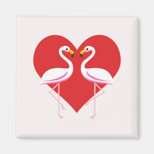 Cute White Rosa Flamingos med rött hjärta Magnet