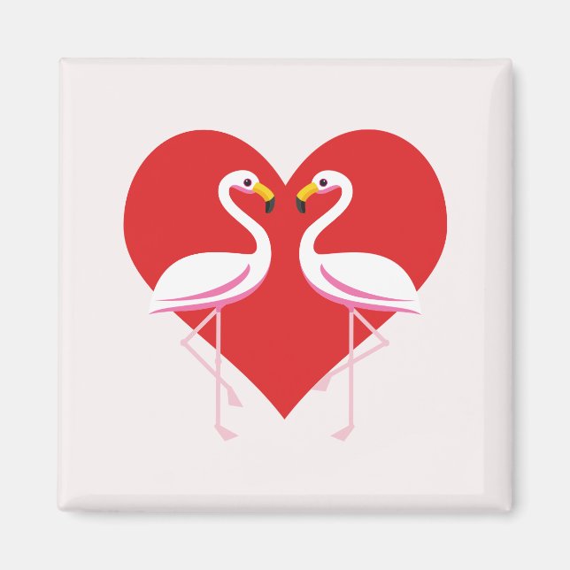 Cute White Rosa Flamingos med rött hjärta Magnet (Framsidan)