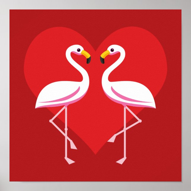 Cute White Rosa Flamingos med rött hjärta Poster (Framsidan)