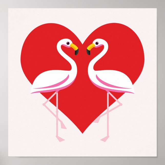 Cute White Rosa Flamingos med rött hjärta Poster (Framsidan)