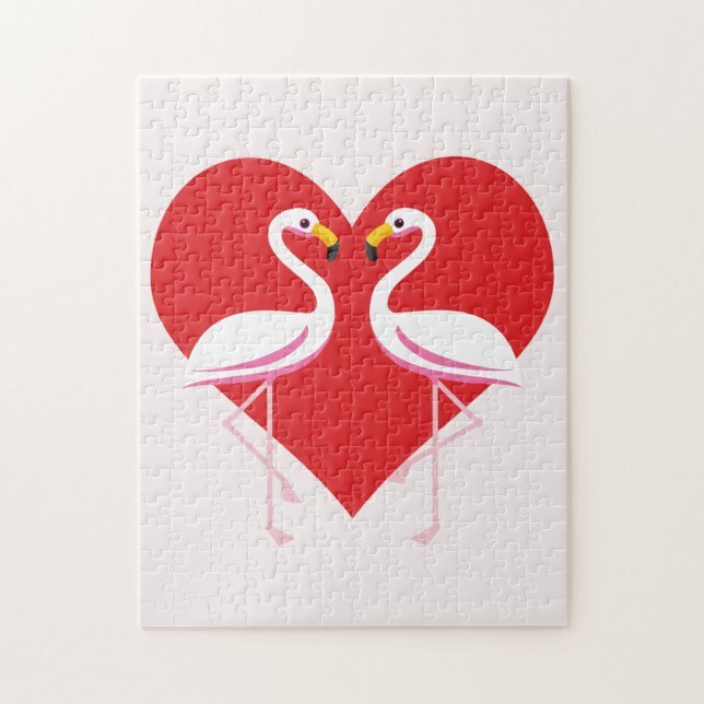 Cute White Rosa Flamingos med rött hjärta Pussel (Vertikal)