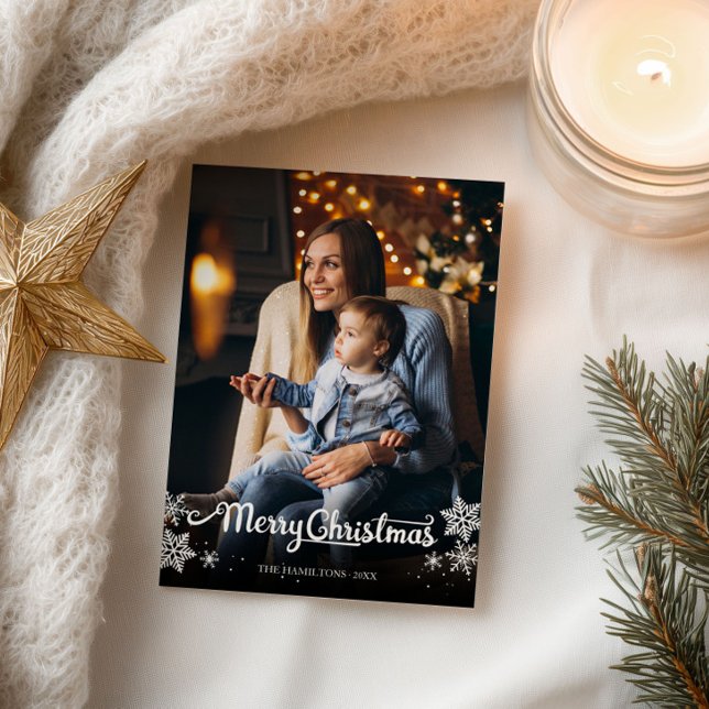 Cute White Script Photo Snowflake-jul Vykort (Skapare uppladdad)