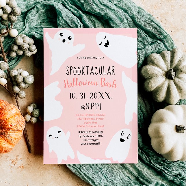 Cute white spöken pastel rosa Halloween bash Inbjudningar (Cute white ghosts pastel pink Halloween bash Invitation)