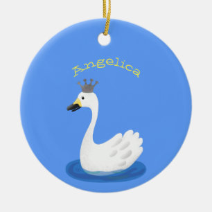 Cute white svan med krona tecknad julgransprydnad keramik