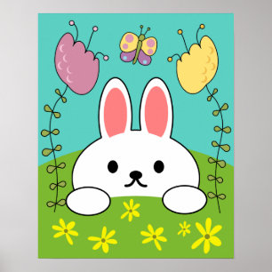 Cute White Tecknad Bunny Rabbit Poster