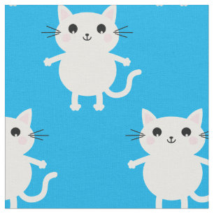 Cute White Tecknad Cats Baby Nursery Kid Room Blue Tyg
