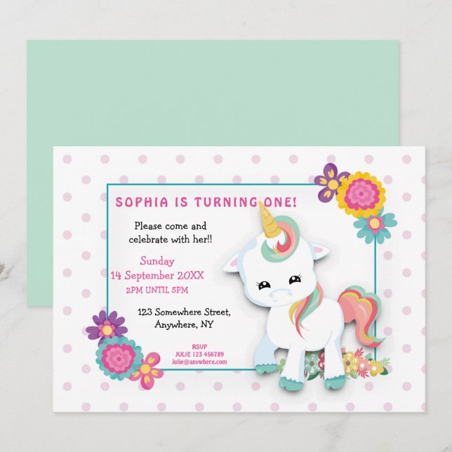 Cute White Unicorn Dots Girls första födelsedag Inbjudningar (Fram/baksida)