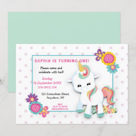 Cute White Unicorn Dots Girls första födelsedag Inbjudningar
