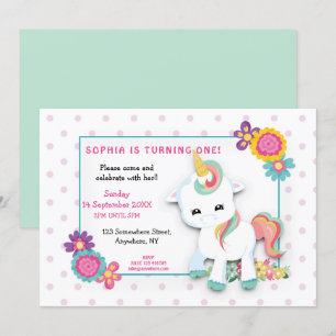 Cute White Unicorn Dots Girls första födelsedag Inbjudningar