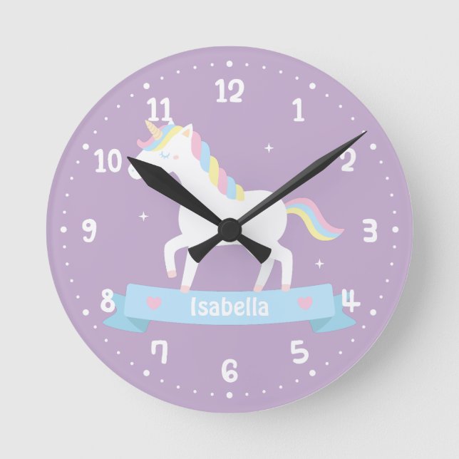 Cute White Unicorn Girls Bedroom Wall Clock Rund Klocka (Framsida)