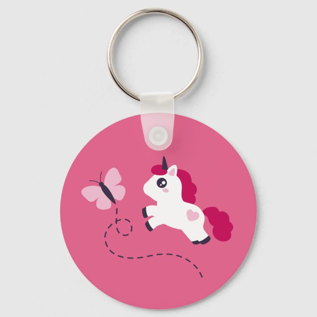 Cute White Unicorn med Butterfly Nyckelring (Framsida)