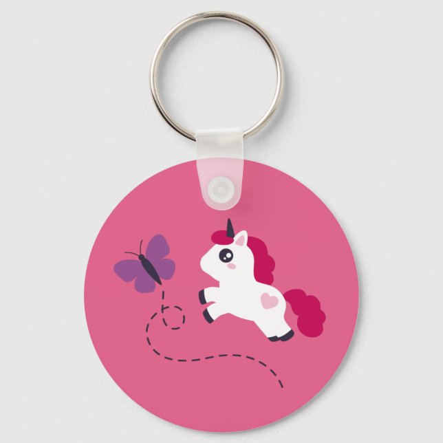 Cute White Unicorn med Butterfly Nyckelring (Framsida)