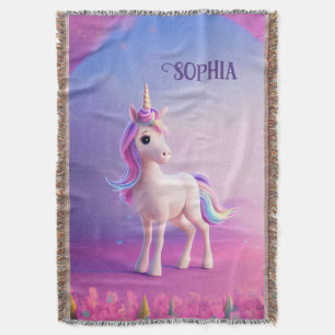 Cute White Unicorn med Rosa och Blue Mane Filt