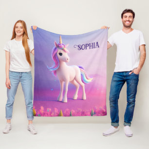 Cute White Unicorn med Rosa och Blue Mane Fleecefilt